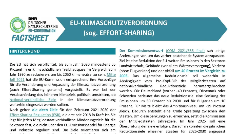 Screenshot Factsheet zur Revision der Klimaschutzverordnung (sogenanntes Effort Sharing)